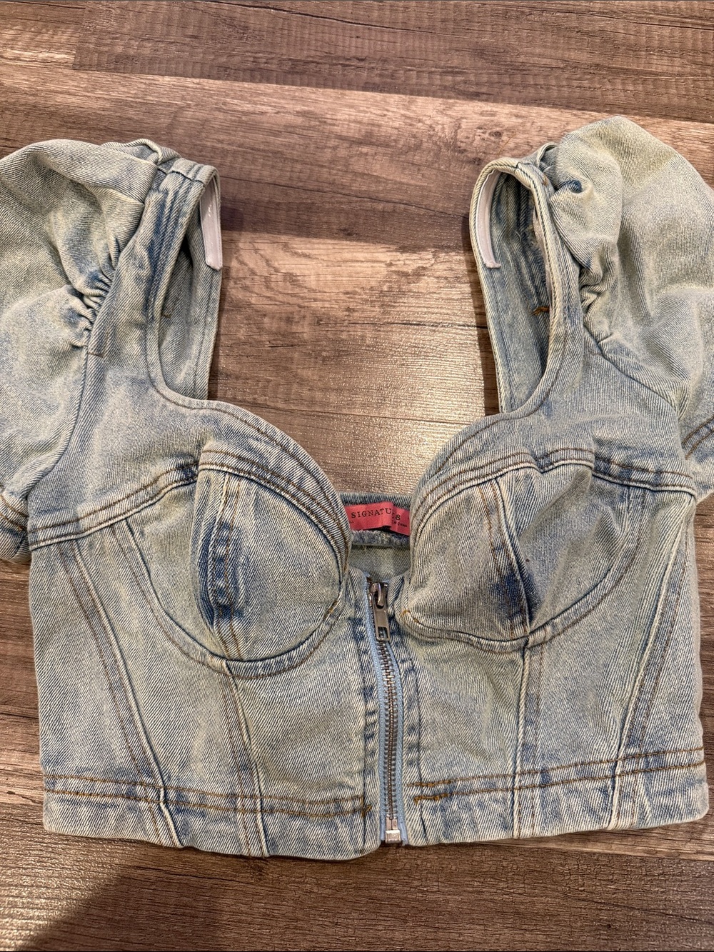 Signature8 Light Blue Denim Crop Bustier with Puff Sleeves